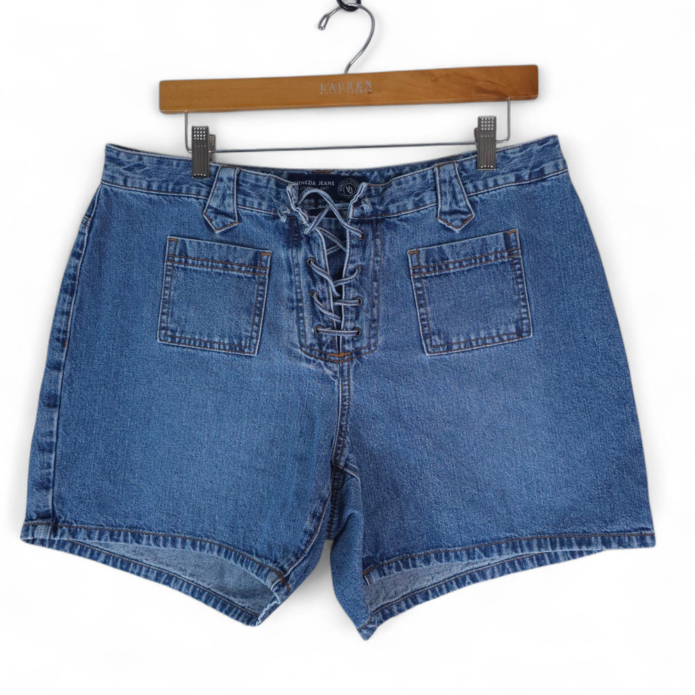 Venezia Jeans Shorts Womens 14 Blue Mid Rise‎ Lace Up Cotton Denim Medium Wash